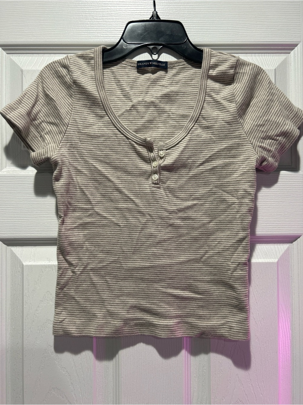 Brandy Melville Taupe and Cream Striped Ribbed Henley Tee